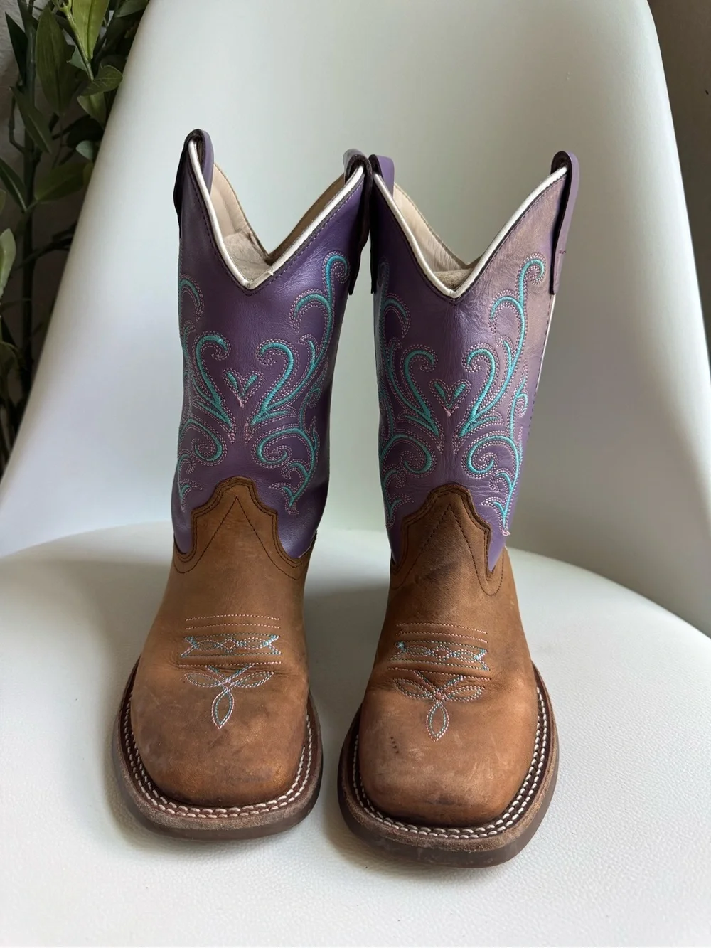 Old West BSC1907 Girls Cowboy Boots Size 12D Brown Purple Leather Western